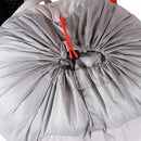 Close-up of a gray drawstring bag with orange strings on a white background