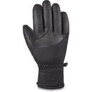 A black ski glove with a leather palm and adjustable wrist leash, designed for warmth and durability on the slopes.