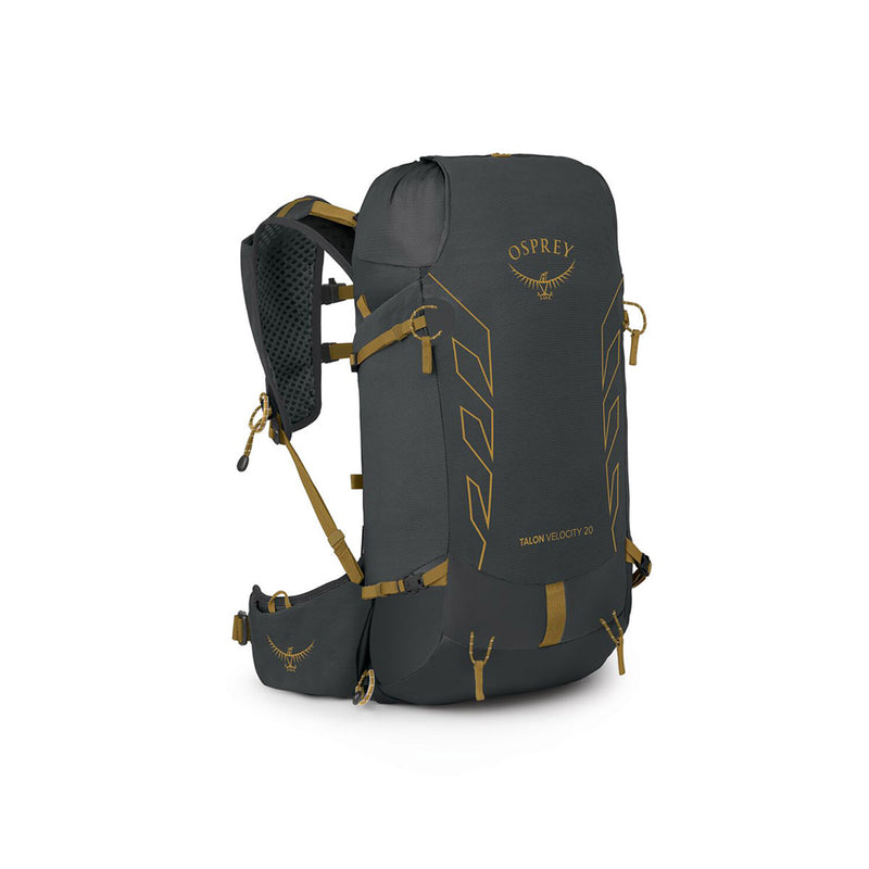 Osprey Talon Velocity 20 Backpack side profile, Dark Charcoal/Tumbleweed