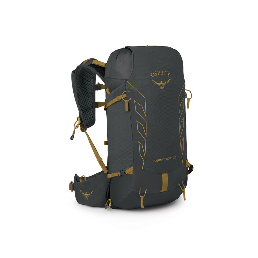 Osprey Talon Velocity 20 Backpack side profile, Dark Charcoal/Tumbleweed