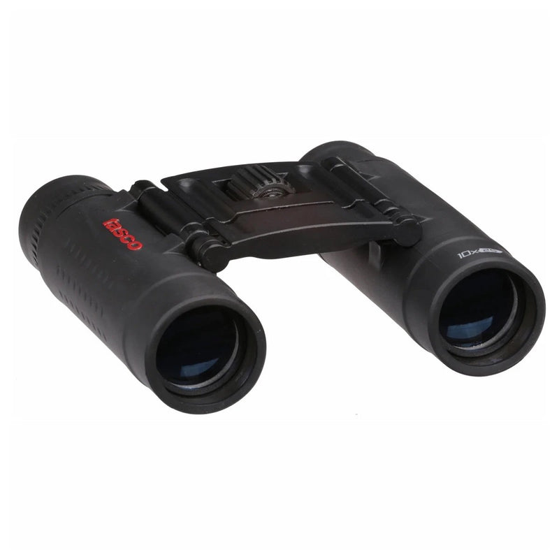 Tasco 10x 25 Black binoculars with red logo on a white background