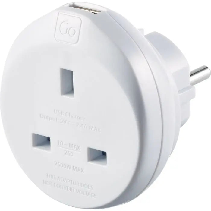Go Travel UK-EU Adaptor + USB- Great Outdoors Ireland