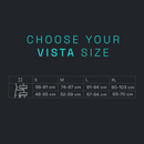 Size chart for 'Vista' harness with measurements in centimeters on a black background