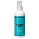 A bottle of Scarpa Water-Based Waterproofer & Reviver for nubuck and suede, featuring a blue label with the phrase “No Place Too Far” and a convenient spray nozzle. This easy-to-use, water-based proofer offers effective protection while preserving the appearance and feel of your footwear.