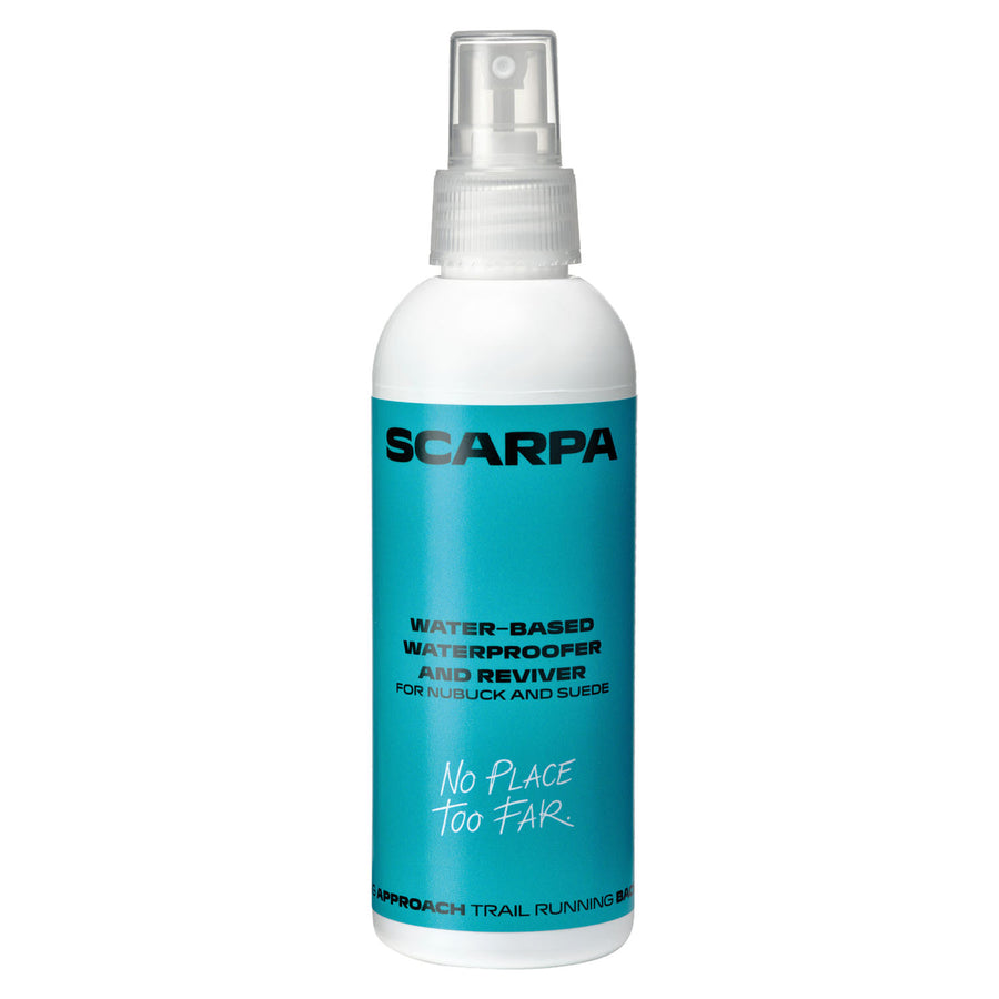 A bottle of Scarpa Water-Based Waterproofer & Reviver for nubuck and suede, featuring a blue label with the phrase “No Place Too Far” and a convenient spray nozzle. This easy-to-use, water-based proofer offers effective protection while preserving the appearance and feel of your footwear.