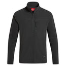 A dark gray zip-up fleece jacket with a stand-up collar, shown on a solid beige background. The jacket features a vertical zippered pocket on the left side of the chest, zippered hand pockets, and a small black brand label near the bottom hem.