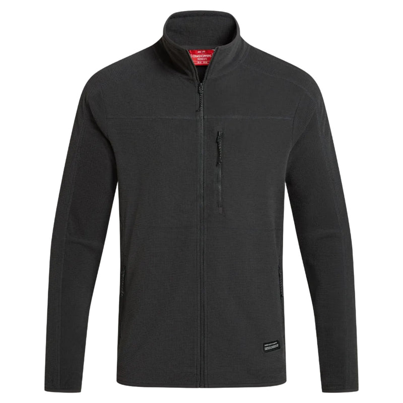 A dark gray zip-up fleece jacket with a stand-up collar, shown on a solid beige background. The jacket features a vertical zippered pocket on the left side of the chest, zippered hand pockets, and a small black brand label near the bottom hem.
