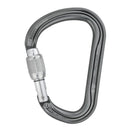 Metal Petzl william screwlock carabiner with a silver lock on a white background