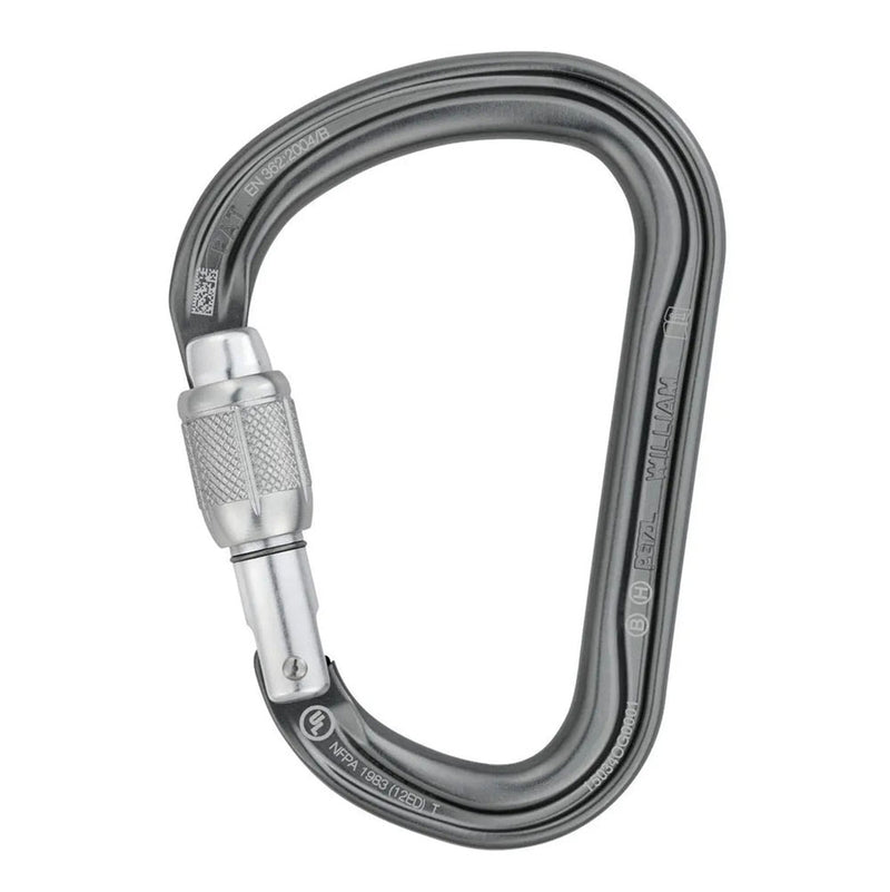 Metal Petzl william screwlock carabiner with a silver lock on a white background