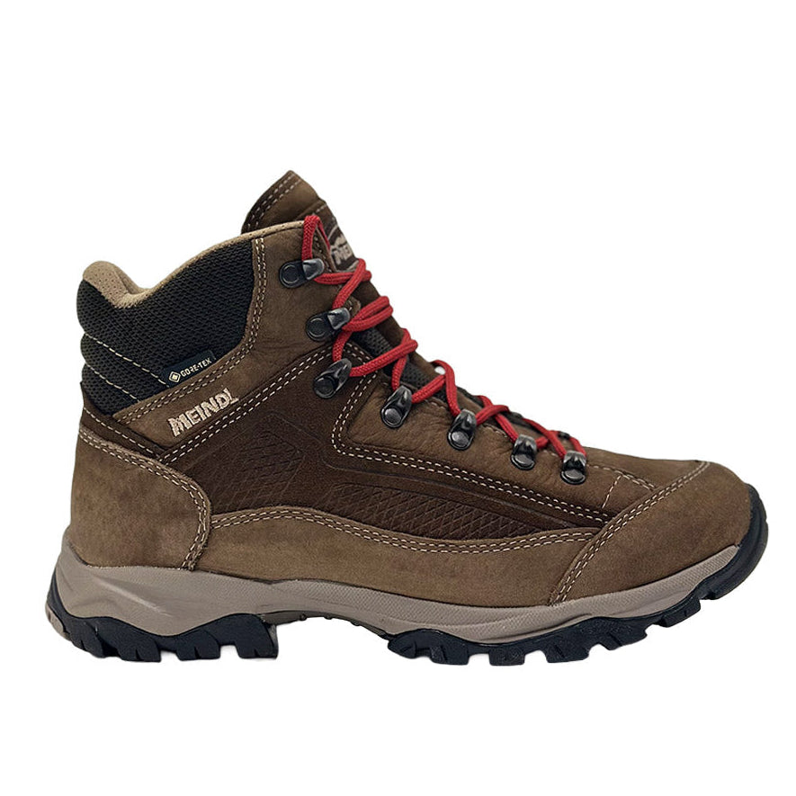Brown hiking boot with red laces on a white background