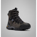The Columbia Womens GeoTerra OutDry Leather Hiking Boot, in rugged black and dark gray with thick laces, reinforced toe, and chunky tread, is shown against a plain light gray background.
