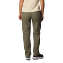 A person stands facing away, wearing Columbia Womens Leslie Falls Hiking Convertible Trousers in olive green with Omni-Shield, a light beige short-sleeve shirt, and black trail shoes with gray soles against a white background.