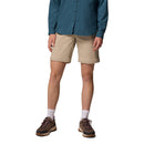 A person wears a teal button-up shirt, Columbia Womens Leslie Falls Hiking Convertible Trousers in beige with Omni-Shield, white socks, and brown hiking shoes against a plain white background. The head is not visible in the image.