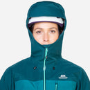 Women's Makalu GORE-TEX Jacket hood up front view, Spruce/Deep Teal
