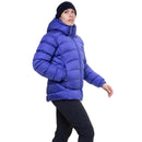 Model wearing blue down jacket, side walking view