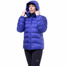 Model wearing blue down jacket, side walking view