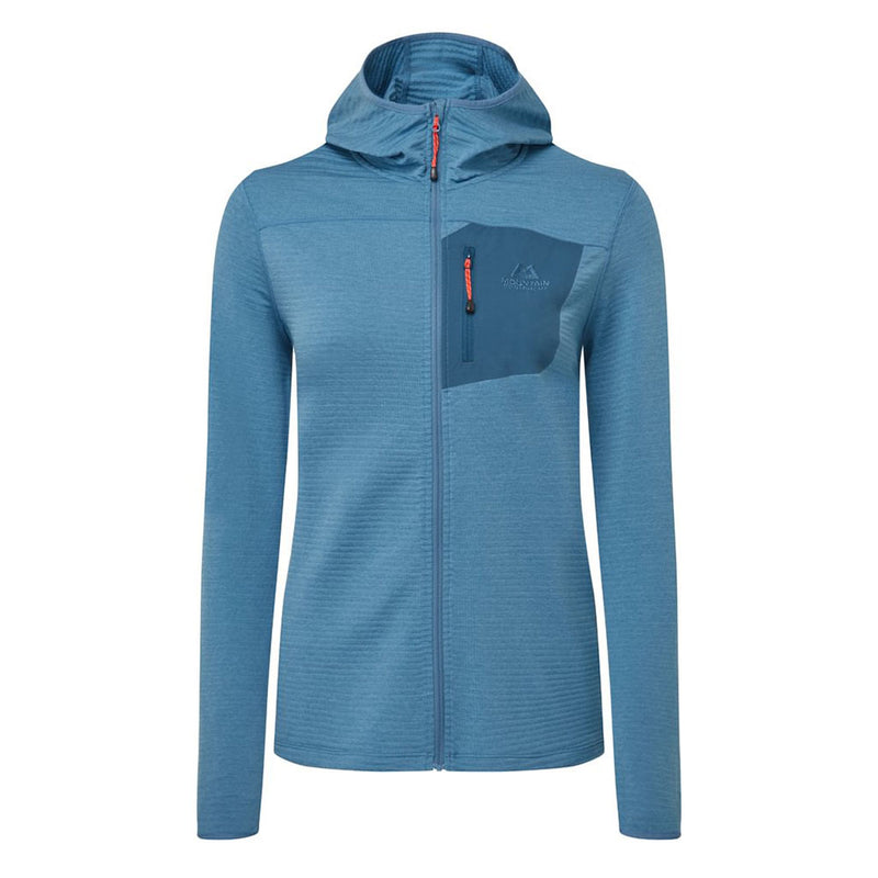 Women’s Lumiko Hooded Jacket in teal, front view with hood