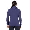Model wearing purple hooded jacket, close-up back view