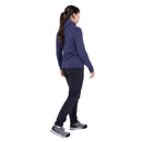 Model wearing purple hooded jacket, angled standing pose