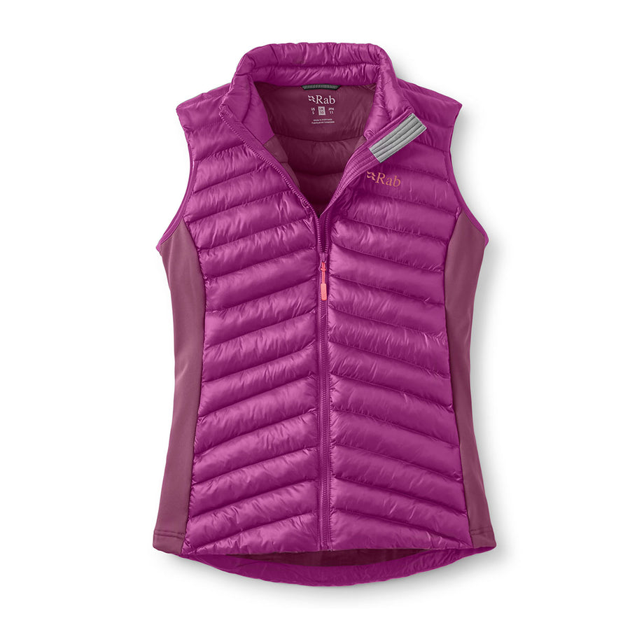 The Rab Womens Cirrus Flex Insulated Vest in bright magenta features a zip front, high collar, and horizontal quilting. This stylish sleeveless puffer vest provides lightweight warmth with PrimaLoft Silver RISE insulation, making it an ideal choice for layering on chilly days.