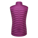 A back view of the Rab Womens Cirrus Flex Insulated Vest in purple highlights its lightweight, quilted construction with horizontal and chevron-shaped stitched sections and a high collar. The vest features PrimaLoft® Silver RISE insulation for warmth without bulk.