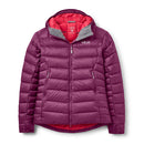 The Rab Womens Electron Pro Down Jacket in purple features a hood, front zipper, and side pockets. Designed specifically as an alpine jacket, it showcases a striking red interior and displays the Rab logo on the left chest. The jacket is laid flat against a white background.