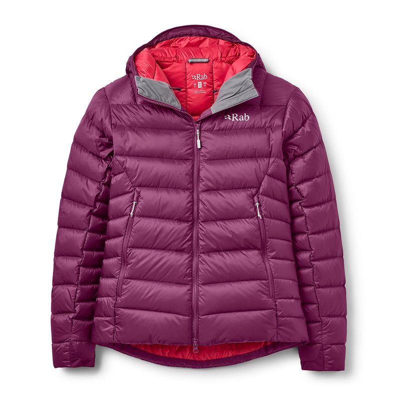 The Rab Womens Electron Pro Down Jacket in purple features a hood, front zipper, and side pockets. Designed specifically as an alpine jacket, it showcases a striking red interior and displays the Rab logo on the left chest. The jacket is laid flat against a white background.
