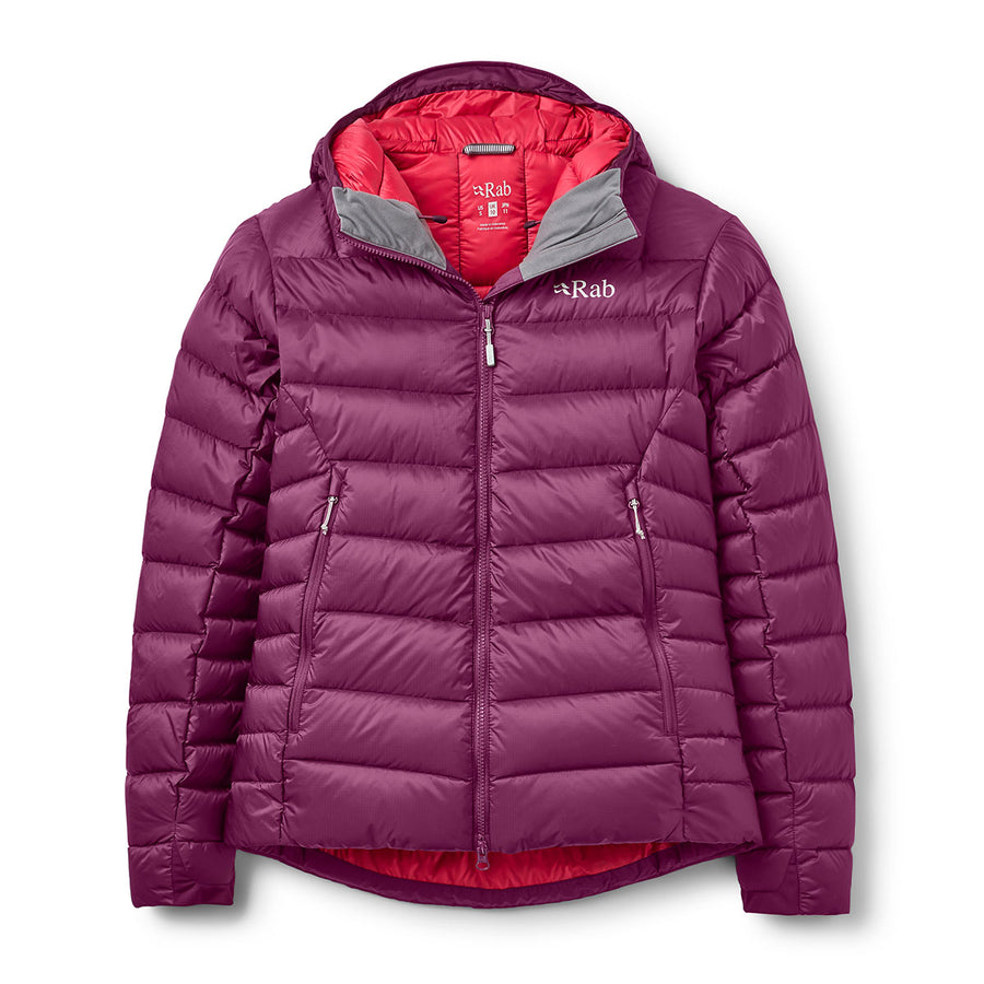 The Rab Womens Electron Pro Down Jacket in purple features a hood, front zipper, and side pockets. Designed specifically as an alpine jacket, it showcases a striking red interior and displays the Rab logo on the left chest. The jacket is laid flat against a white background.