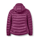 A magenta Rab Womens Electron Pro Down Jacket with a hood, shown from the back. This winter climbing jacket features horizontal quilting and long sleeves, offering both warmth and style for chilly days.