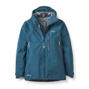 The Rab Womens Latok Mountain GORE-TEX Pro Waterproof Jacket features a teal exterior with a gray lining, a hood, front zipper, two zippered chest pockets, and adjustable cuffs. The Rab logo is displayed on the chest and sleeve, making this womens mountain jacket a dependable option for rugged conditions.