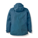 A blue Rab Women’s Latok Mountain GORE-TEX Pro Waterproof Jacket with a hood is shown from the back. This jacket features long sleeves, adjustable cuffs, and a smooth, solid color fabric without any visible patterns or logos—ideal as a women’s mountain jacket for outdoor adventures.