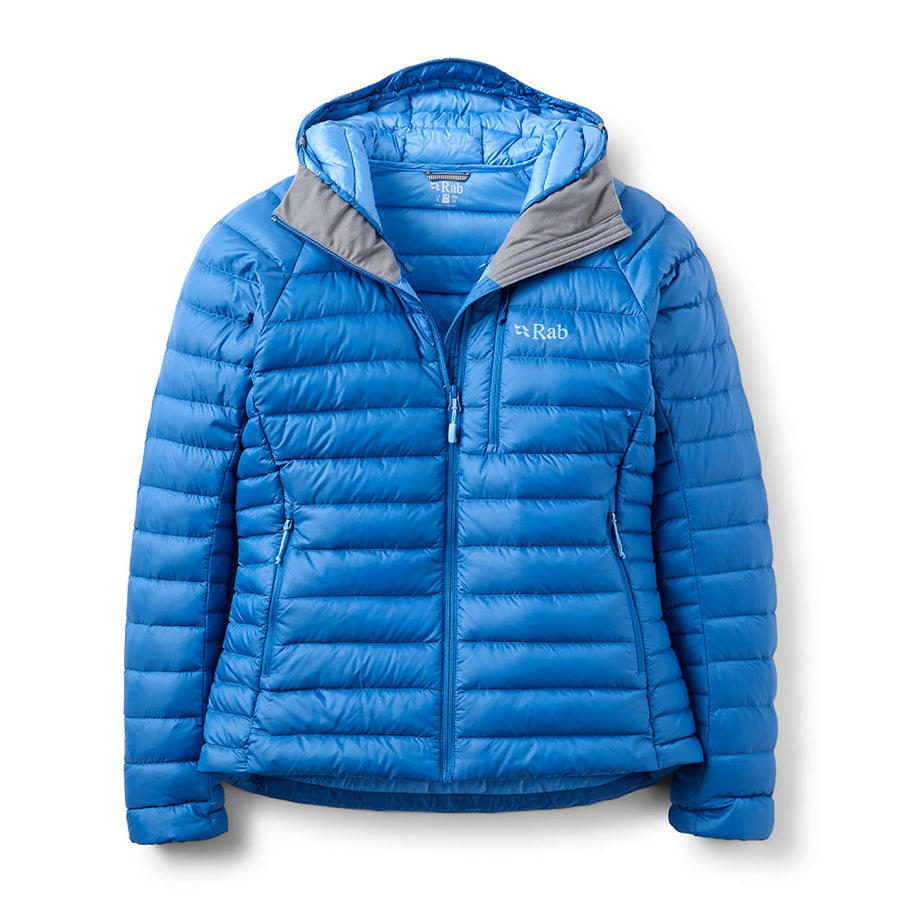A vibrant blue Rab Women’s Microlight Alpine Hoody, featuring a gray lining, zippered front, hood, and the Rab logo on the chest, is displayed flat against a white background. This lightweight insulated jacket provides packable warmth and stylish comfort for alpine adventures.
