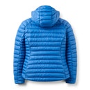 The Rab Womens Microlight Alpine Hoody is displayed from the back in a bright blue color, highlighting its horizontal quilted stitching, fitted sides, and cozy alpine hood for added warmth. This packable insulated jacket seamlessly blends style and functionality for cold-weather adventures.