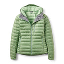 Rab Womens Microlight Alpine Hoody in light green, featuring a hood, front zipper, and two zippered hand pockets, is displayed on a white background. This packable insulated down jacket is designed to provide warmth and comfort for women in cold weather.