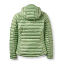 Rab Womens Microlight Alpine Hoody in light green, featuring horizontal quilting, a fitted silhouette, long sleeves, and an insulated hood. This womens down jacket is shown from the back.