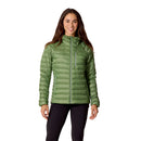 A woman stands smiling against a plain white background, wearing the Rab Womens Microlight Alpine Hoody in green and black pants.