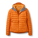 Introducing the Rab Womens Microlight Alpine Hoody: a bright orange down jacket designed for women, featuring a hood and gray inner lining. It includes a front zipper, two zippered side pockets, and a zippered chest pocket. This packable alpine hoody displays the Rab logo on the left chest area for added style and authenticity.