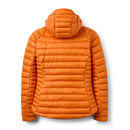 The Rab Womens Microlight Alpine Hoody is shown from the back in bright orange. This lightweight, insulated jacket features horizontal quilted stitching, fitted sleeves, and a hood—making it an ideal packable choice for cold weather adventures.