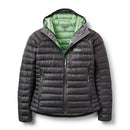 A Womens Microlight Alpine Hoody by Rab, featuring a black exterior with a light green hood and lining, front zipper closure, side pockets, and the “Rab” logo on the chest. This women’s down jacket is laid flat facing forward, highlighting its alpine hoody design and packable insulated jacket features.