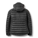 Rab’s Women’s Microlight Alpine Hoody is a black, packable down jacket with a hood, shown from the back, featuring horizontal quilting and long sleeves—perfectly designed to keep you warm on alpine adventures.