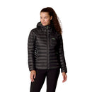 A woman stands against a plain white background, looking to her left, wearing the Rab Womens Microlight Alpine Hoody—a black puffer jacket with a hood.