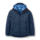 The Womens Microlight Shield Waterproof Down Jacket by Rab is a blue insulated winter jacket with a hood, front zipper, two zippered pockets, and a lighter blue inner lining. Featuring the Rab logo on the chest, this jacket is crafted with Pertex Shield fabric for enhanced waterproof protection against the elements.