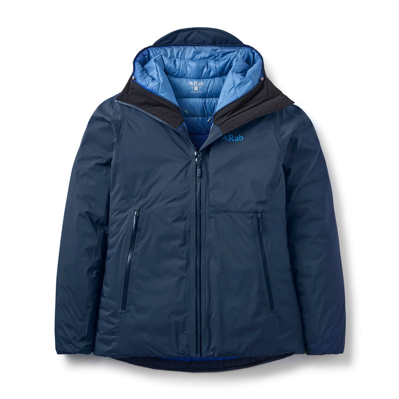 The Womens Microlight Shield Waterproof Down Jacket by Rab is a blue insulated winter jacket with a hood, front zipper, two zippered pockets, and a lighter blue inner lining. Featuring the Rab logo on the chest, this jacket is crafted with Pertex Shield fabric for enhanced waterproof protection against the elements.