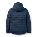 The Rab Womens Microlight Shield Waterproof Down Jacket is pictured from the back, showcasing its navy blue color, long sleeves, and quilted design. This hooded winter jacket features advanced Pertex Shield technology to provide warmth and dependable protection against the elements.