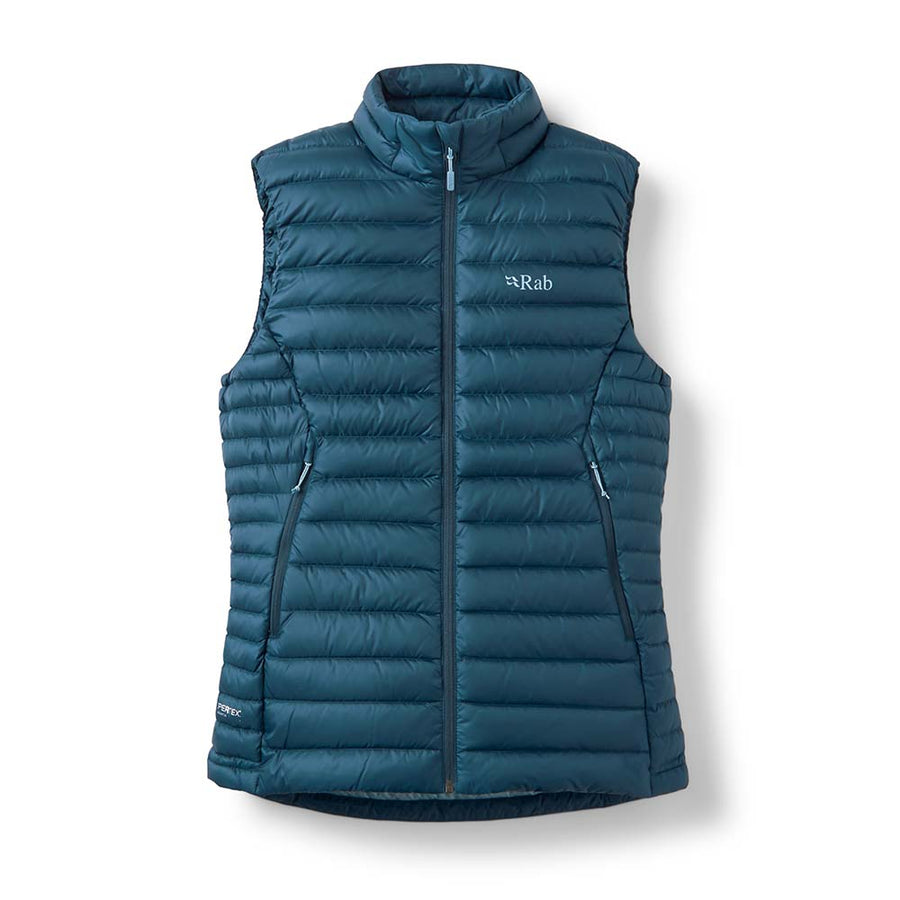 Rab Women's Microlight Down Vest full length front, Tempest Blue