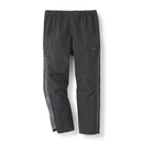 Rab Womens Namche Hike GORE-TEX Pants in black, featuring full-length side zippers and an elastic waistband—high-performance waterproof overtrousers for women, shown against a white background and designed to keep you dry on any hiking adventure.