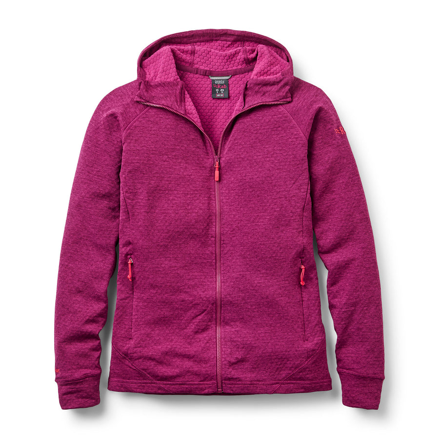 Purple fleece hiking hoodie with a Rab brand logo on a white background