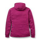 A women's hooded jacket shown from the back, featuring a textured heathered magenta-pink fabric, set against a plain white background.
