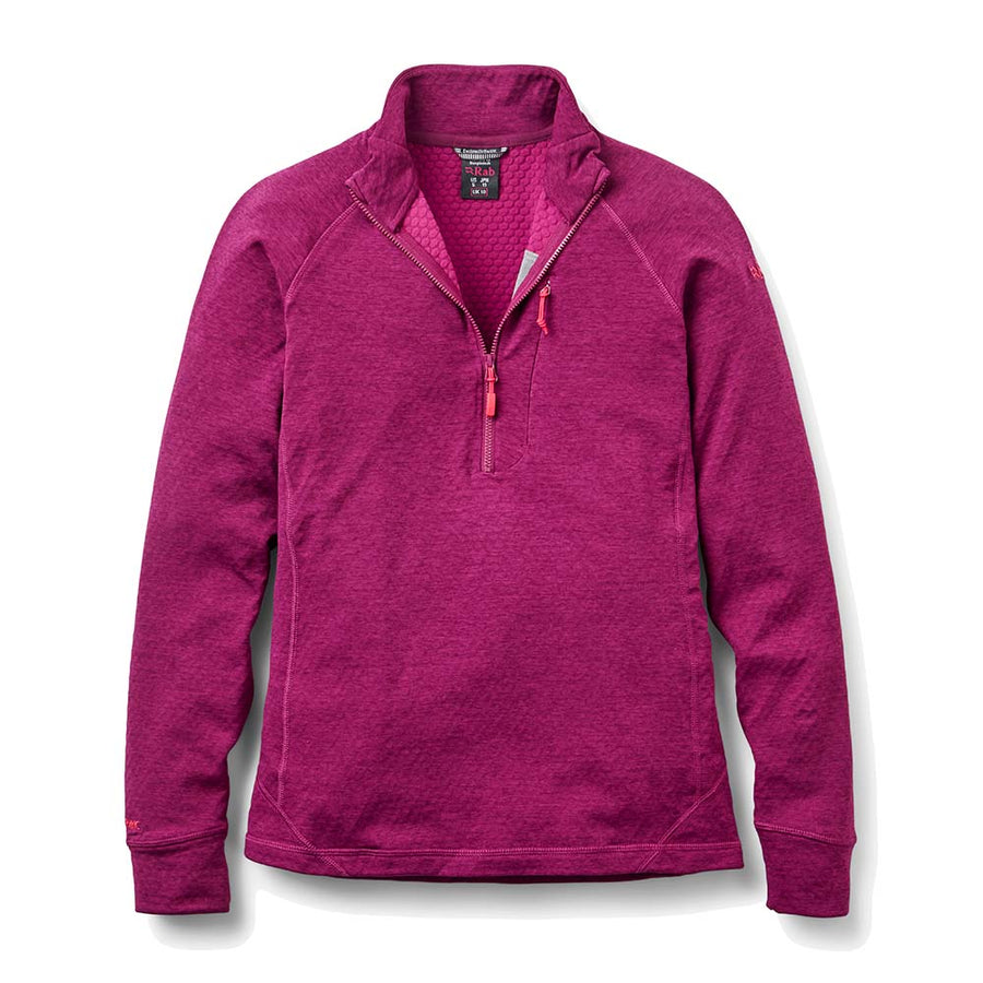 The Rab Womens Nexus Pull-On Fleece is a magenta quarter-zip pullover with long sleeves, a textured pattern, and a stand-up collar, designed as a lightweight midlayer for womens hiking adventures; shown laid flat on a white background.