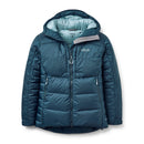 The Rab Women’s Positron Pro Down Jacket is a teal down jacket designed for women, featuring a hood, front zipper, and two zippered pockets. Filled with hydrophobic down for superior warmth and moisture resistance, it displays the Rab logo on the left chest. This jacket is ideal for cold weather or high-altitude expeditions.